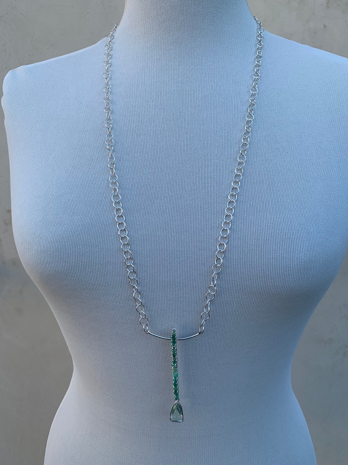 PLIE' Long Necklace Raw Emeralds and Aquamarine