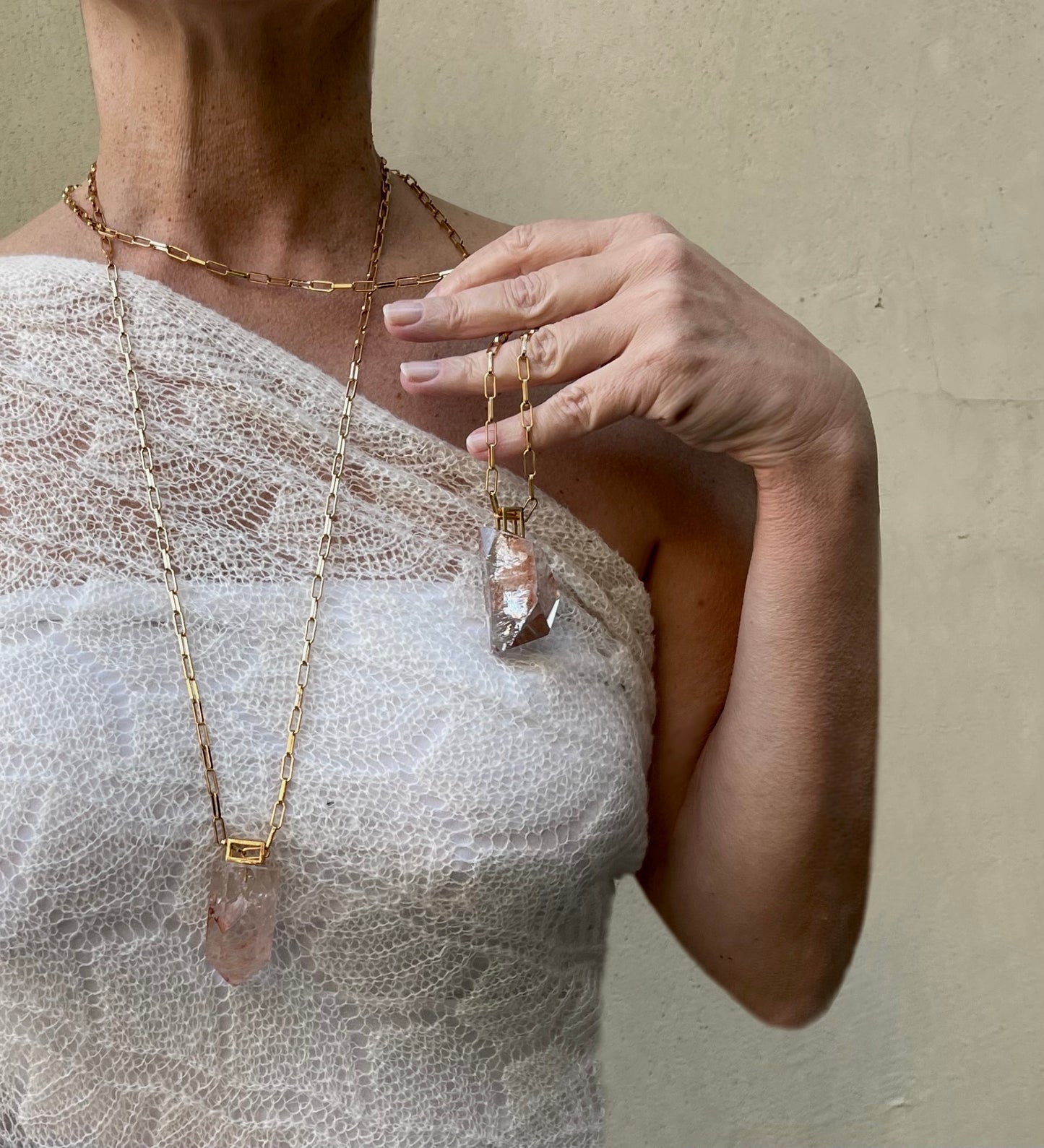 Collana lunga “Lilium” quarzo rosa rutilato